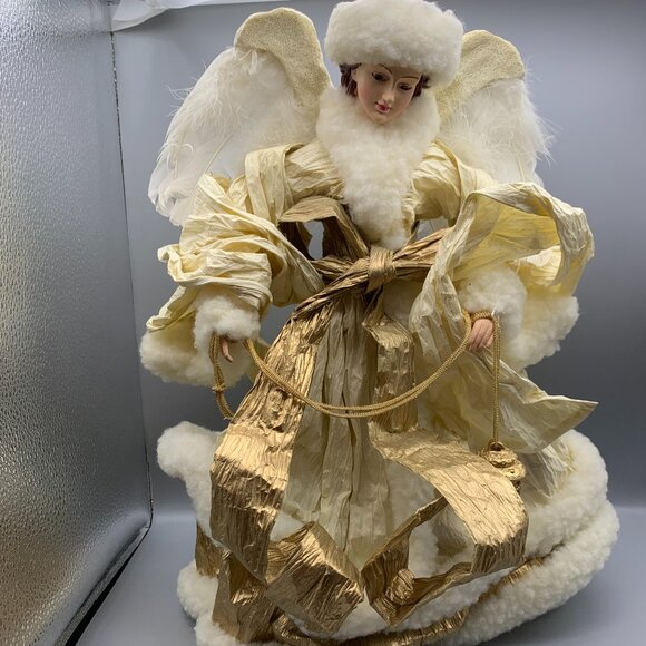 Source Unknown Other - 16" Angel Tree Topper Porcelain Face & Hands Cream & Gold Dress